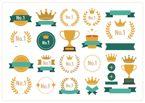 award frame set ranking showcasing ribbon ornaments, crown emblems, trophy awards, medal designs, laurel decorations, and gold medal textures, perfect for winner announcements, certificates