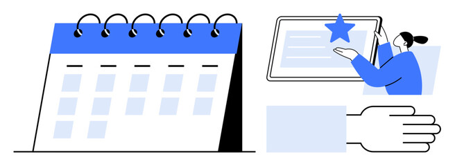 Open calendar with coiled binding beside a hand and user pointing to a starred task on a tablet. Ideal for scheduling, task management, productivity, time management, organization, prioritization