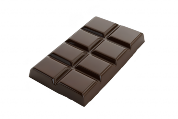 A close-up view of a smooth. glossy chocolate bar with distinct segments. set against a clean white background. ideal for food photography and culinary use