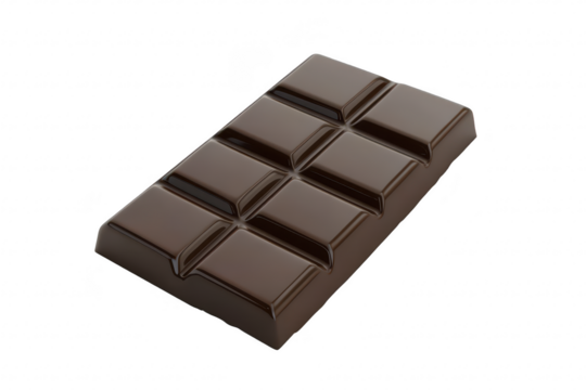 A close-up view of a smooth. glossy chocolate bar with distinct segments. set against a clean white background. ideal for food photography and culinary use