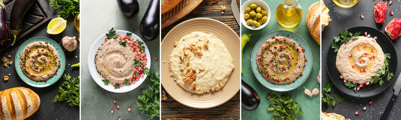 Collage of tasty baba ganoush, top view