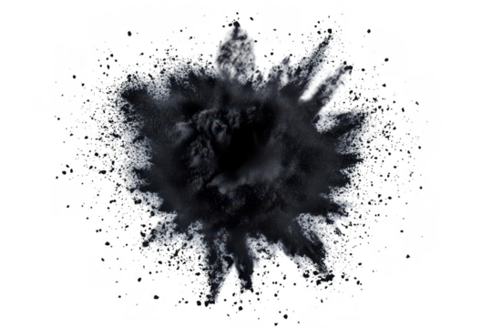 A dramatic explosion of black powder against a stark white background. creating an artistic visual impact. ideal for design projects or creative expressions