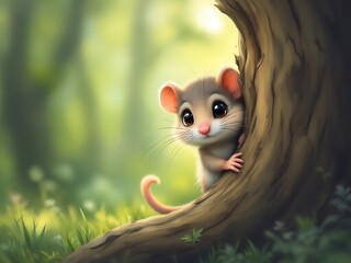 A small dormouse peeks from behind a textured tree trunk, showing its soft fur and bright eyes. The blurred green forest background creates a gentle, natural atmosphere