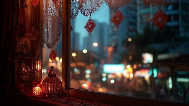 Cozy Night View Vintage Window with Lanterns and City Lights in a Relaxing Atmosphere