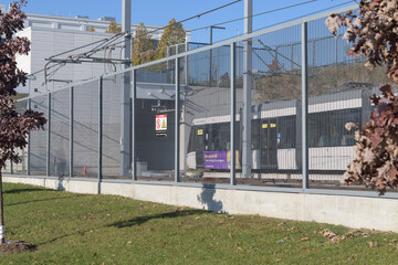Fototapeta premium Eglinton Crosstown LRT (Line 5) vehicles called the Alstom Citadis Spirit arriving at Mount Dennis station, Toronto