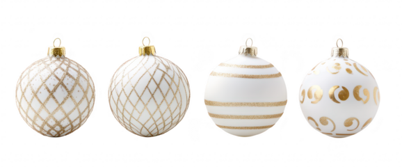 A collection of elegant decorative Christmas ornaments featuring intricate gold patterns and a variety of designs. set against a clean white background. perfect for holiday-themed projects