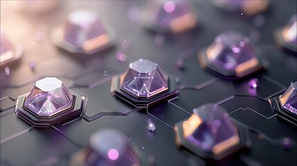 A close-up, abstract view of a network of hexagonal platforms, each topped with a faceted crystal. The crystals emit a soft purple glow, and the platforms are c