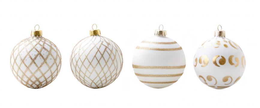 A collection of elegant decorative Christmas ornaments featuring intricate gold patterns and a variety of designs. set against a clean white background. perfect for holiday-themed projects