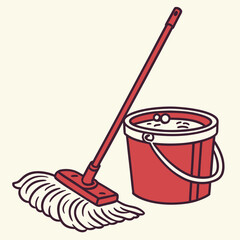 A red mop and bucket filled with soapy water representing cleaning and household chores presented in a simple flat design style with a cream background