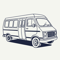 A simple line art illustration of a classic passenger van with its doors open showcasing its interior space and ready for travel