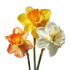 Three spring bloomers, daffodils on white background