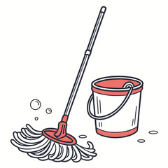Simple line art illustration of a mop and bucket with coral accents representing cleaning tools and household chores perfect for design projects