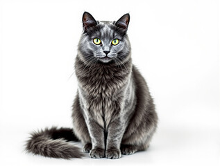 Fototapeta premium Elegant Russian Blue cat with a shimmering blue-gray double coat and vivid green eyes, sitting composed, isolated on white.