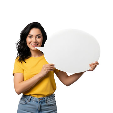 Smiling young woman holding a blank speech bubble, isolated on transparent background