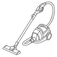 A simple black and white line drawing illustration of a modern canister vacuum cleaner with a long wand and floor head detached from the main body