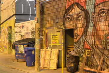 Fototapeta premium service areas on Renfrew Pl, looking east from John St, Toronto (mural and trash bins) - yellow light due to Umbra store panels