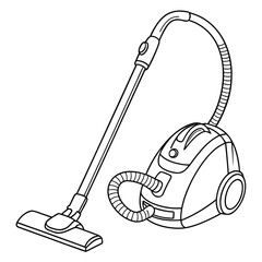 A simple black and white line drawing illustration of a modern canister vacuum cleaner with a long hose and floor nozzle on a white background