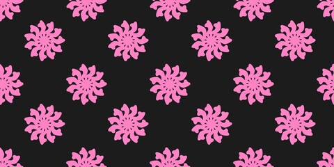 Seamless pattern with abstract pink floral mandala shapes on black background. Perfect for feminine, spring, summer, or Valentine’s Day designs and backgrounds.