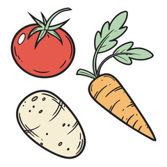 A vibrant and simple cartoon illustration featuring a ripe red tomato a fresh orange carrot with green leaves and a light colored potato with eyes on a clean white background