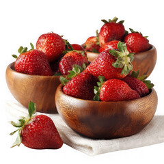 three wooden bowls filled with strawberries sitting on top of a white surface on white background.