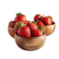  three wooden bowls filled with strawberries sitting on top of a white surface on white background.