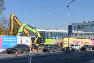Fototapeta premium active construction of Eglinton Crosstown West (extension) outside Mount Dennis LRT station at the northeast corner of Eglinton Av W and Weston Rd, Toronto