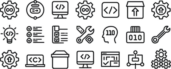 Software development icon set, coding symbols, DevOps tools, programming elements, vector graphic, minimal, black, modern, tech, art