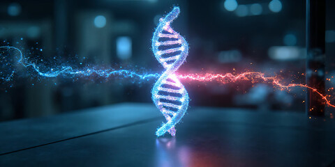 A futuristic laser scanning a glowing DNA helix for genetic analysis