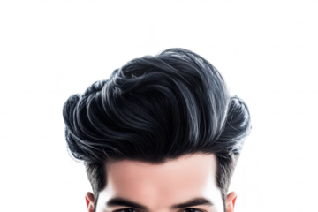 A close-up portrait of a young man with stylish. voluminous dark hair. his intense gaze against a clean. white background. ideal for fashion or grooming-related content
