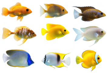 A collection of tropical fish various species and colors. swimming gracefully against a clean white background. ideal for educational or decorative purposes in aquariums
