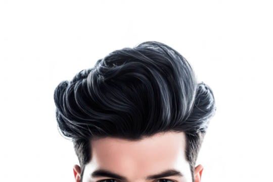 A close-up portrait of a young man with stylish. voluminous dark hair. his intense gaze against a clean. white background. ideal for fashion or grooming-related content