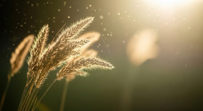 Closeup of golden ornamental grass seed heads catching the warm, bright sunlight with sparkling dust particles floating in the air, creating a magical and ethereal atmosphere