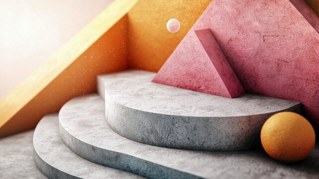 An abstract composition featuring geometric shapes like triangles and spheres arranged on tiered concrete steps, bathed in warm, soft lighting. - Powered by Adobe
