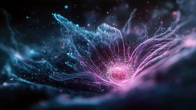 An abstract visualization of glowing particles and light trails in dark space, with a central bright pink core.