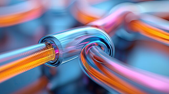 Close-up abstract view of intertwined, glowing fiber optic cables with orange and pink light trails against a blurred blue background, suggesting data transmiss