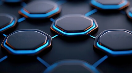 A close-up, abstract view of a dark, interconnected network of hexagonal nodes. Each node features glowing blue and orange neon accents along its edges, suggest