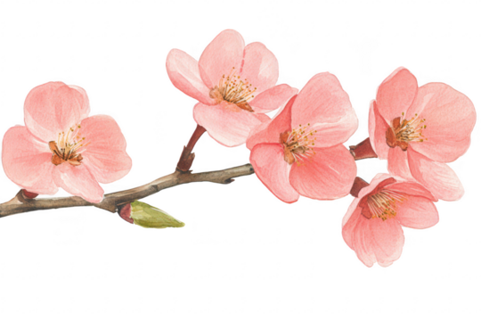 A delicate branch of blooming pink cherry blossoms with soft petals and green leaves. set against a clean white background. ideal for nature-themed designs and seasonal decorations