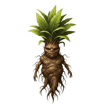 Magical mandrake root sprite, grotesque humanoid plant with muddy brown root and green leaves. Key alchemy ingredient, isolated on transparent background for fantasy game design, Halloween,