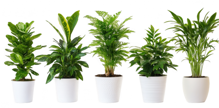 A arrangement of five indoor potted plants diverse foliage and textures. placed against a clean white background. ideal for home decor or gardening inspiration
