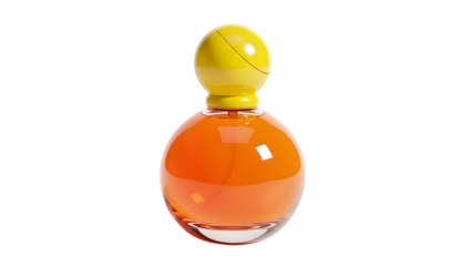 Round orange perfume bottle with yellow cap isolated on transparent background