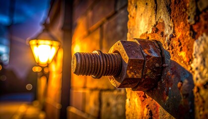 macro closeup rusted bolt building facade night corroded metal texture peeling paint gritty surface warm streetlight glow micro detail urban structure aged material subtle shadow close scene