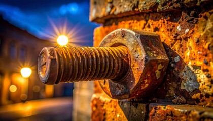 macro closeup rusted bolt building facade night corroded metal texture peeling paint gritty surface warm streetlight glow micro detail urban structure aged material subtle shadow close scene
