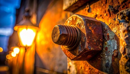 macro closeup rusted bolt building facade night corroded metal texture peeling paint gritty surface warm streetlight glow micro detail urban structure aged material subtle shadow close scene