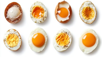 High-protein breakfast collection displayed on seamless white background, featuring seven distinct egg preparations, cross-sectional views revealing interior textures, varying yolk consistencies from