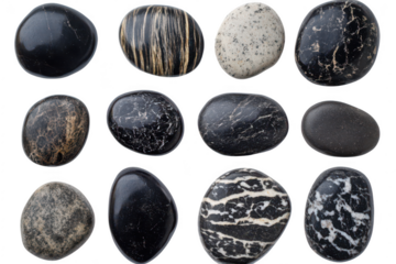 A collection of various smooth. polished stones in different shapes and colors arranged in a grid pattern. natural beauty and texture. ideal for decorative purposes or meditation