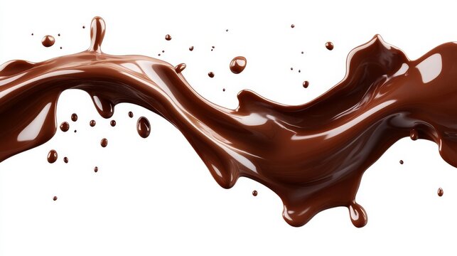 Artistic chocolate stream pouring from invisible source, ribbon-like flow with intricate ripples, tiny airborne droplets catching light, vector-perfect edges, absolute white background with no shadows