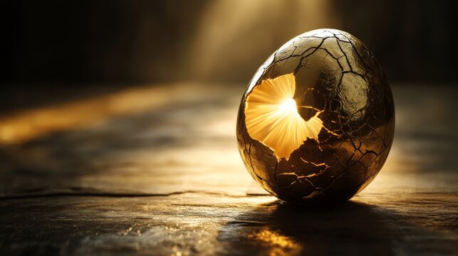 Brilliantly polished golden egg nestled on rich walnut table surface, dramatic moment of cracking with ethereal rays of warm light bursting from within, symbolic financial imagery, studio lighting