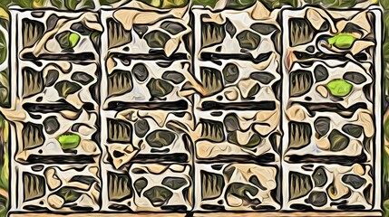 An abstract artistic rendering of a grid with irregular shapes resembling stones and small green elements.