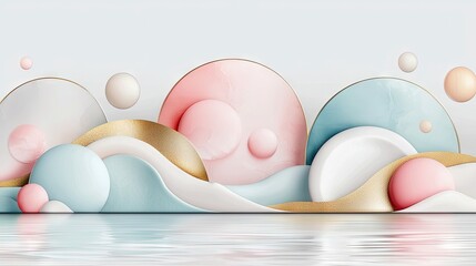 A 3D abstract composition featuring rounded pastel shapes, spheres, and gold accents, set against a soft, light background with a reflective water surface below
