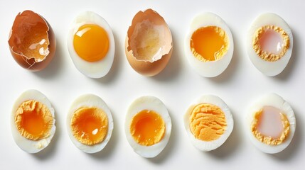 Culinary reference chart showing spectrum of egg cooking techniques, detailed cross-sections revealing interior characteristics, perfect examples of boiling timeline from soft to hard, various frying